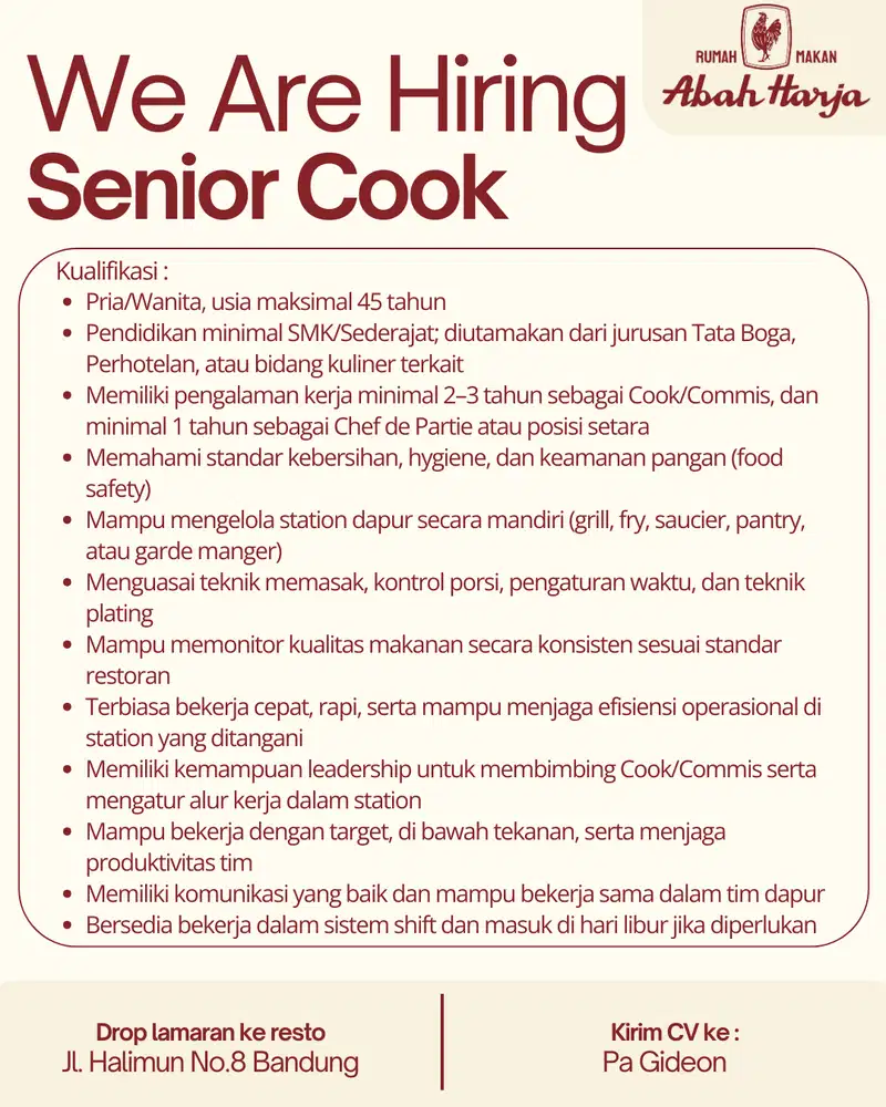 DIBUTUHKAN BANYAK SENIOR COOK ATAU COOK HELPER
