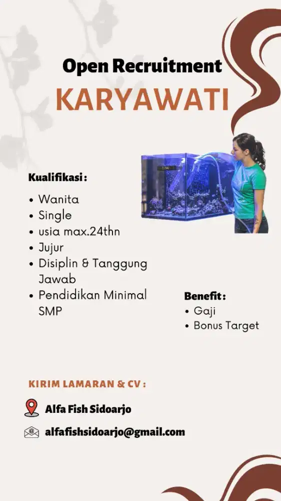 Lowongan Kerja Karyawati - Loker Jaga Toko Ikan Hias