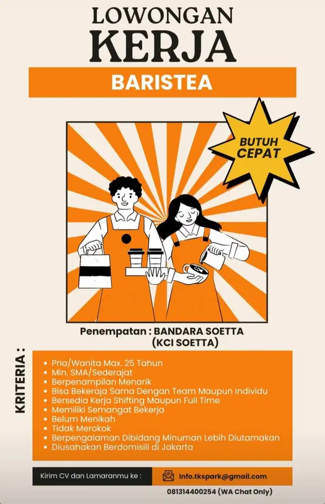 DIBUTUHKAN! Baristea/Sales Teh Kotjok Stasiun Kereta Bandara Soetta