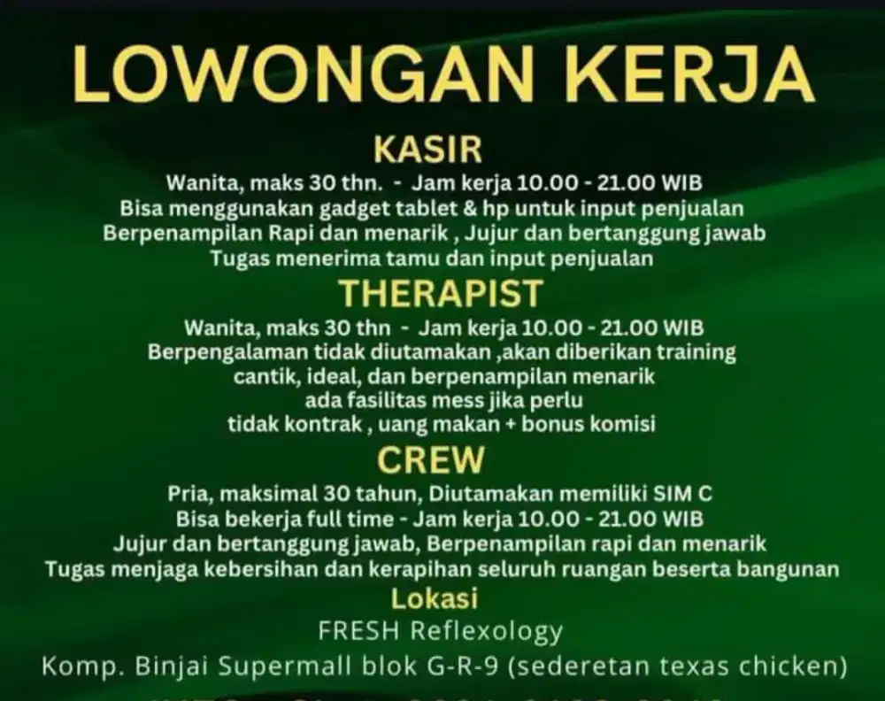 Dibutuhkan segera kasir, kru / housekeeping terapis refleksi di binjai