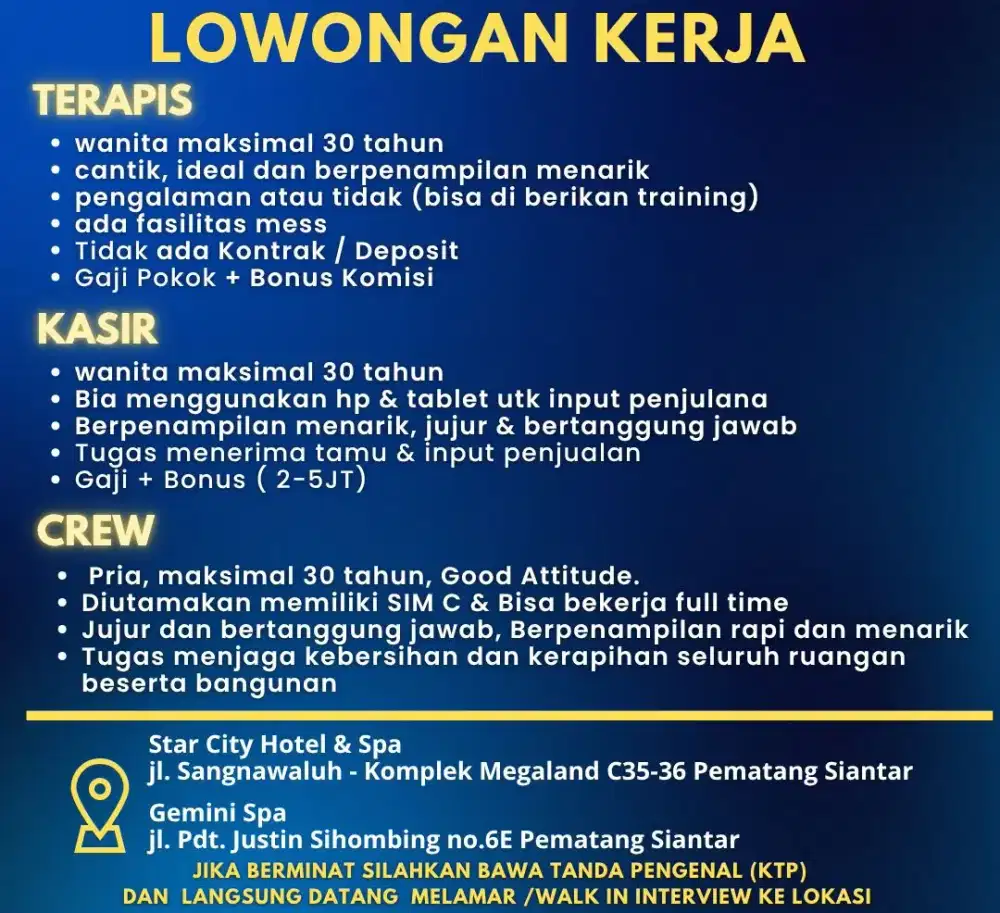 Dibutuhkan segera kasir, kru / housekeeping, terapis spa refleksi