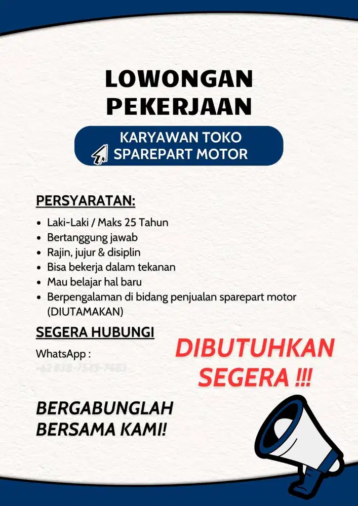 LOWONGAN KERJA KARYAWAN TOKO SPAREPART MOTOR MEDAN / DIBUTUHKAN SEGERA