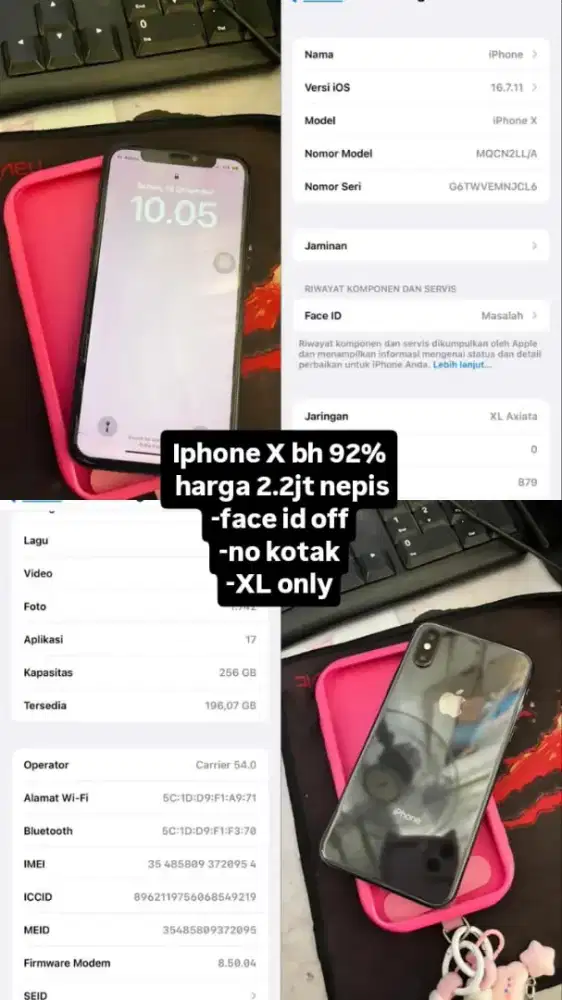 hp ip x bh 92% harga:2,2 nepis