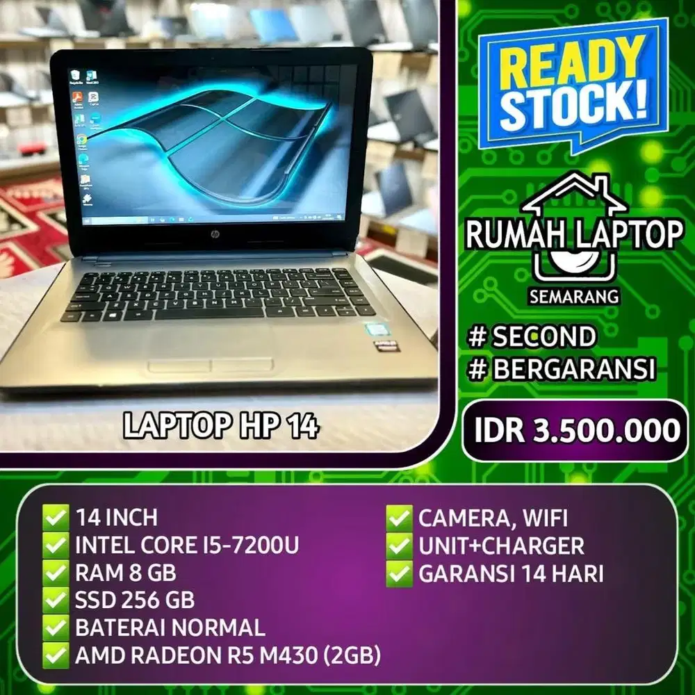 Laptop HP 14 (second). Core i5-7200U. RAM 8 GB. SSD 256 GB. VGA