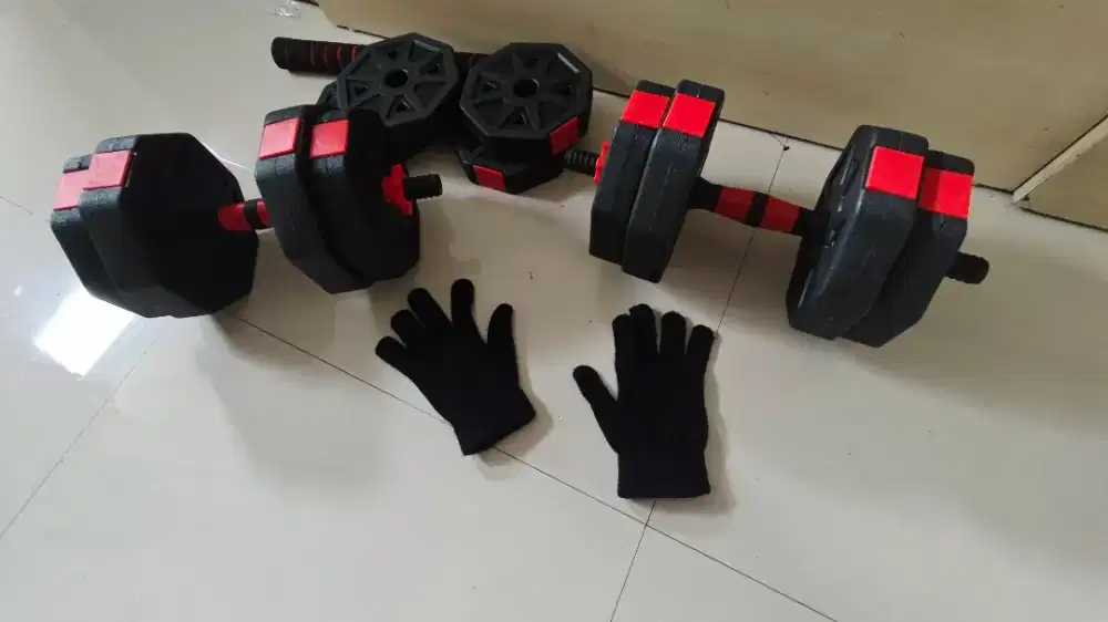 Barbells, dumbbells, weight plates, gloves