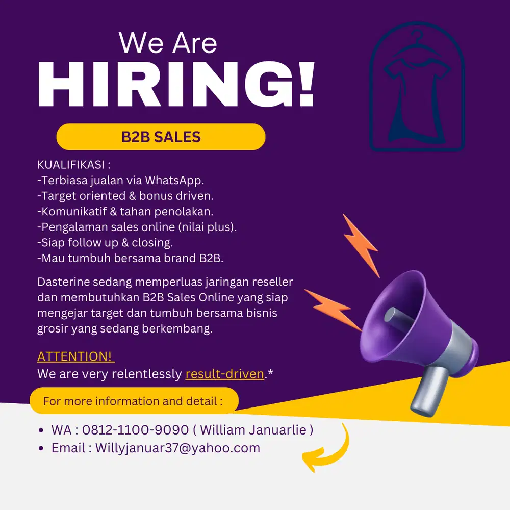 Dicari SALES B2B yg berpengalaman , penghasilan berdasarkan penjualan!
