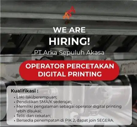 LOWONGAN KERJA OPERATOR PERCETAKAN DIGITAL PRINTING &ADMIN ONLINE SHOP