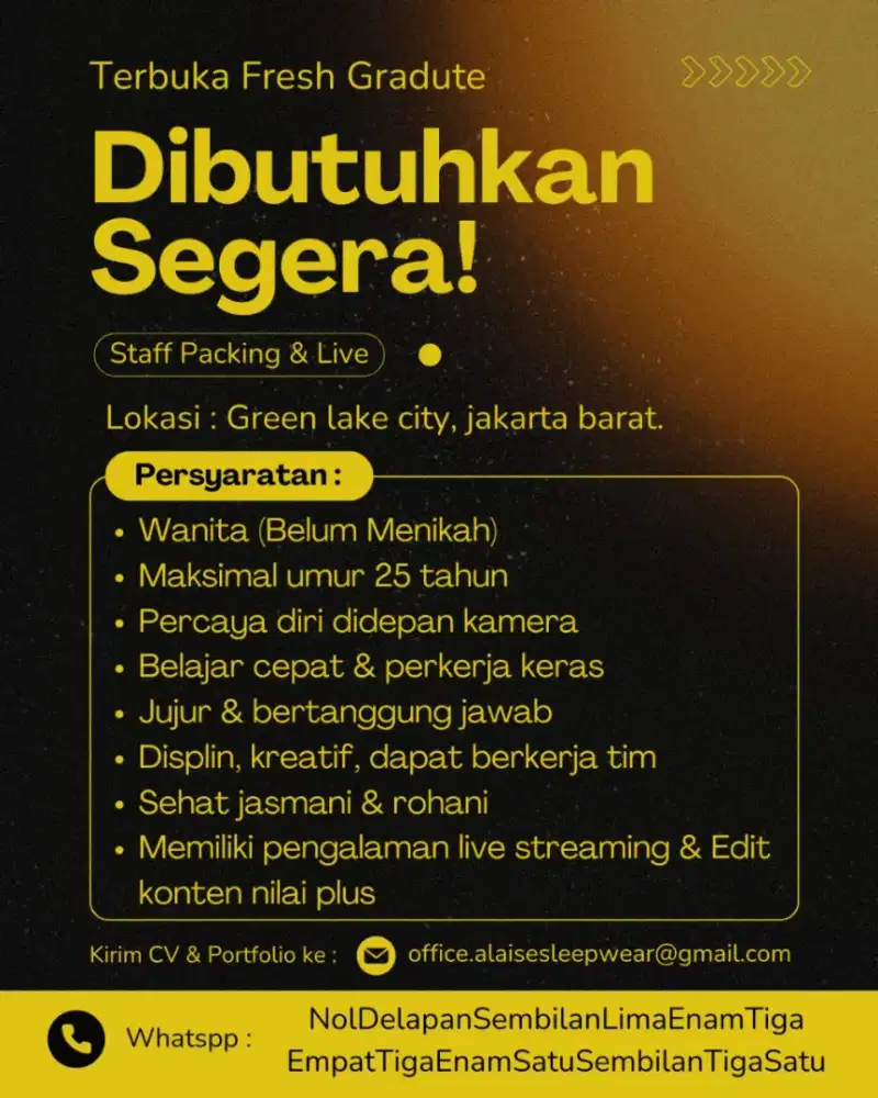 Butuh segera staff packing & Live Streaming.