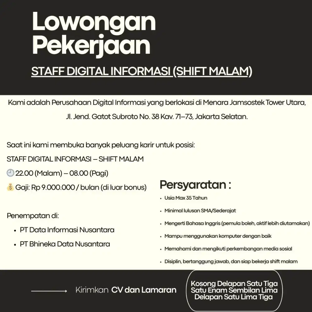 STAFF DIGITAL INFORMASI (SHIFT MALAM)