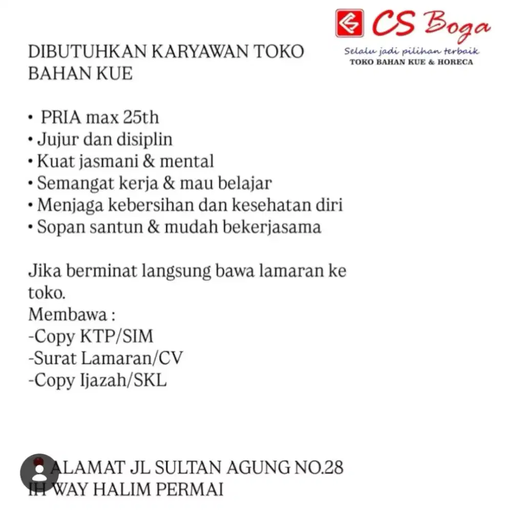 DICARI KARYAWAN TOKO BAHAN KUE