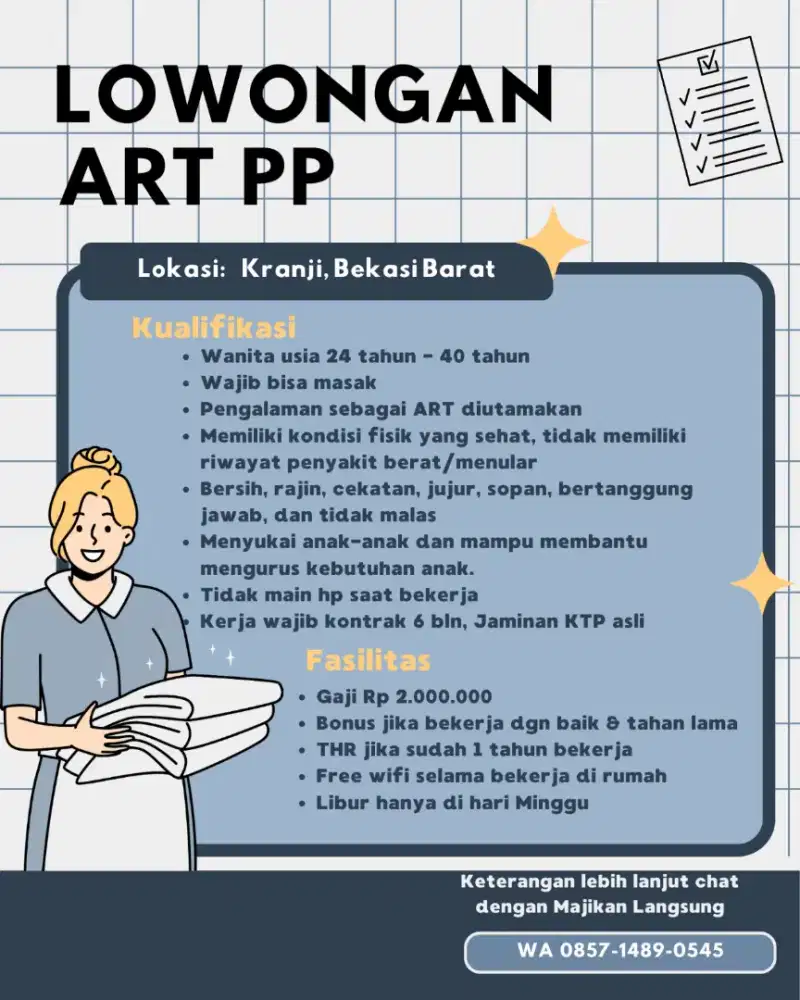 Dicari ART Pulang Pergi - Kranji Bekasi Barat