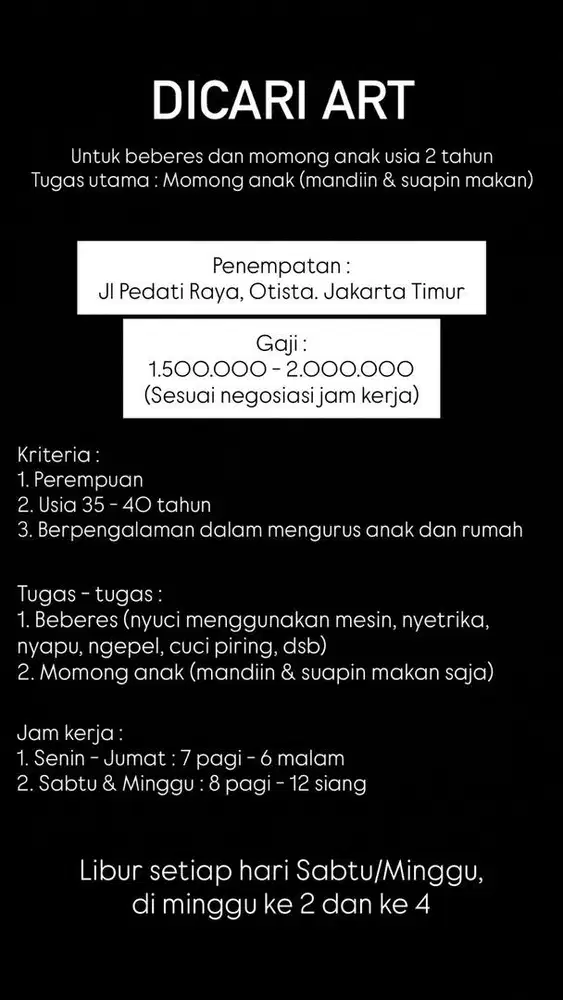 DICARI ART PEREMPUAN SIAP KERJA PP