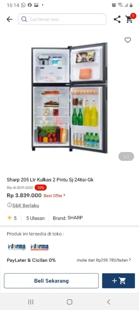 Sharp kulkas 2pintu