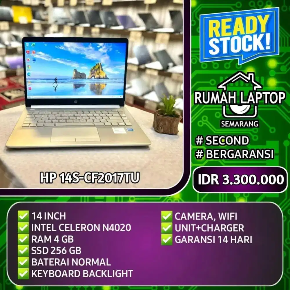 Laptop HP 14S (second). Intel Celeron N4020. RAM 4 GB. SSD 256 GB. BL