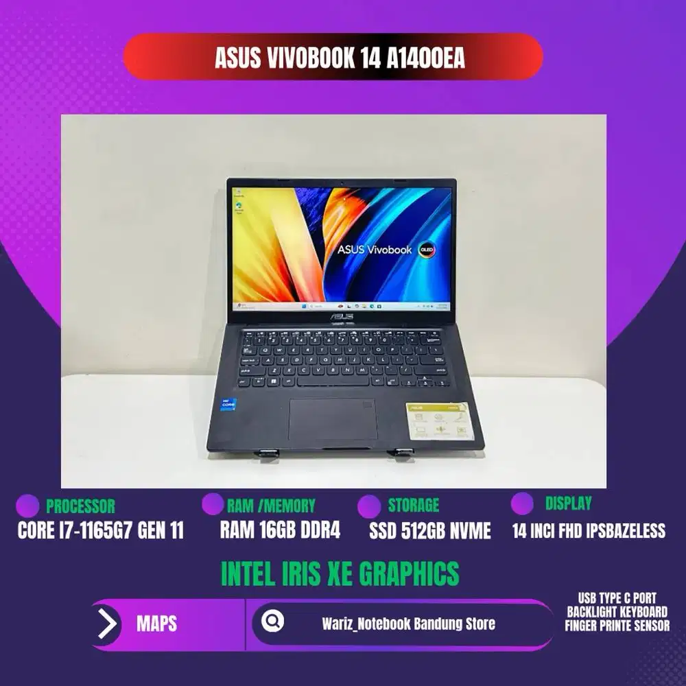 ASUS VIVOBOOK A1400EA CORE I7-1165G7 RAM 16GB SSD 512GB 14inci FHD IPS