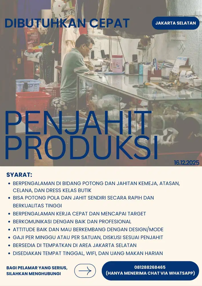 Dibutuhkan Cepat Penjahit Untuk Produksi / Konveksi