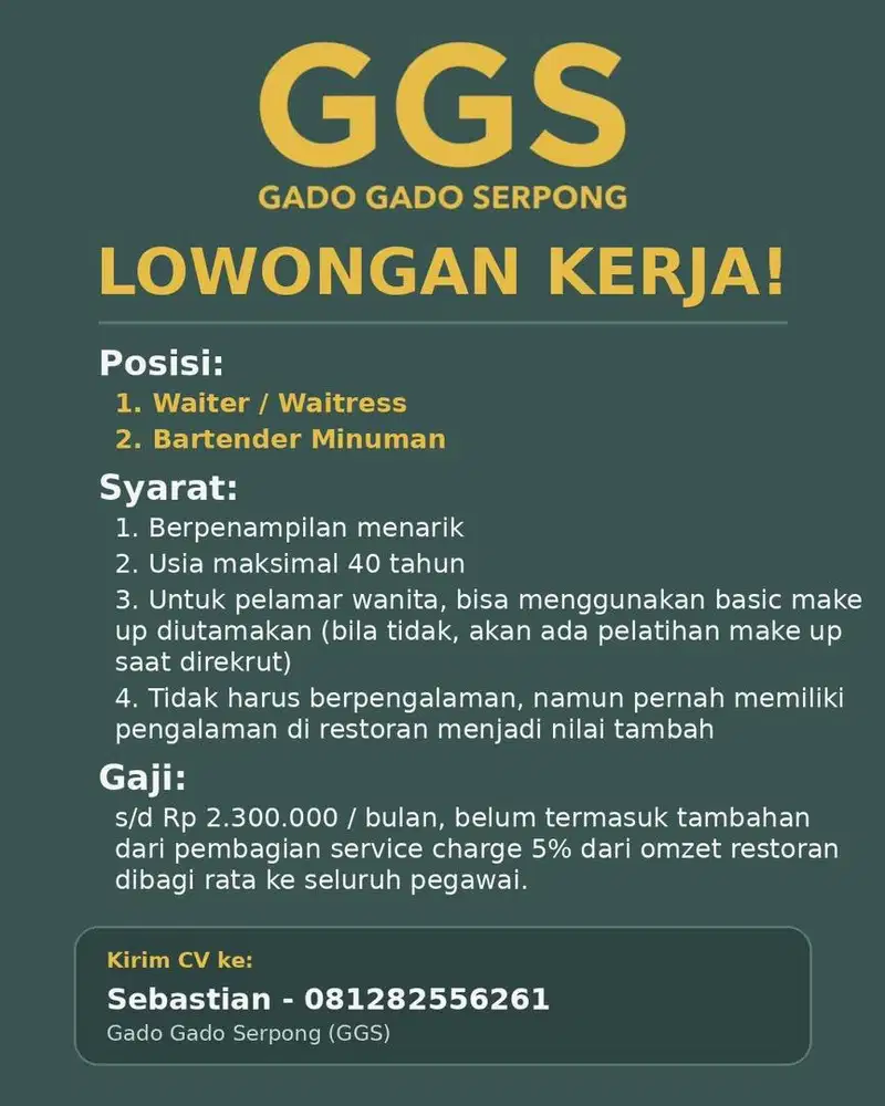 Lowongan Waiter / Waitress dan Bartender Minuman di Gading Serpong