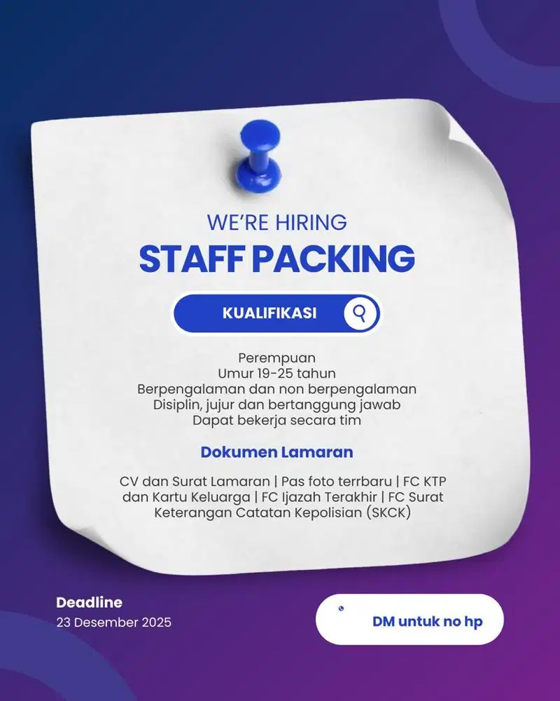 Dicari staff packing online shop