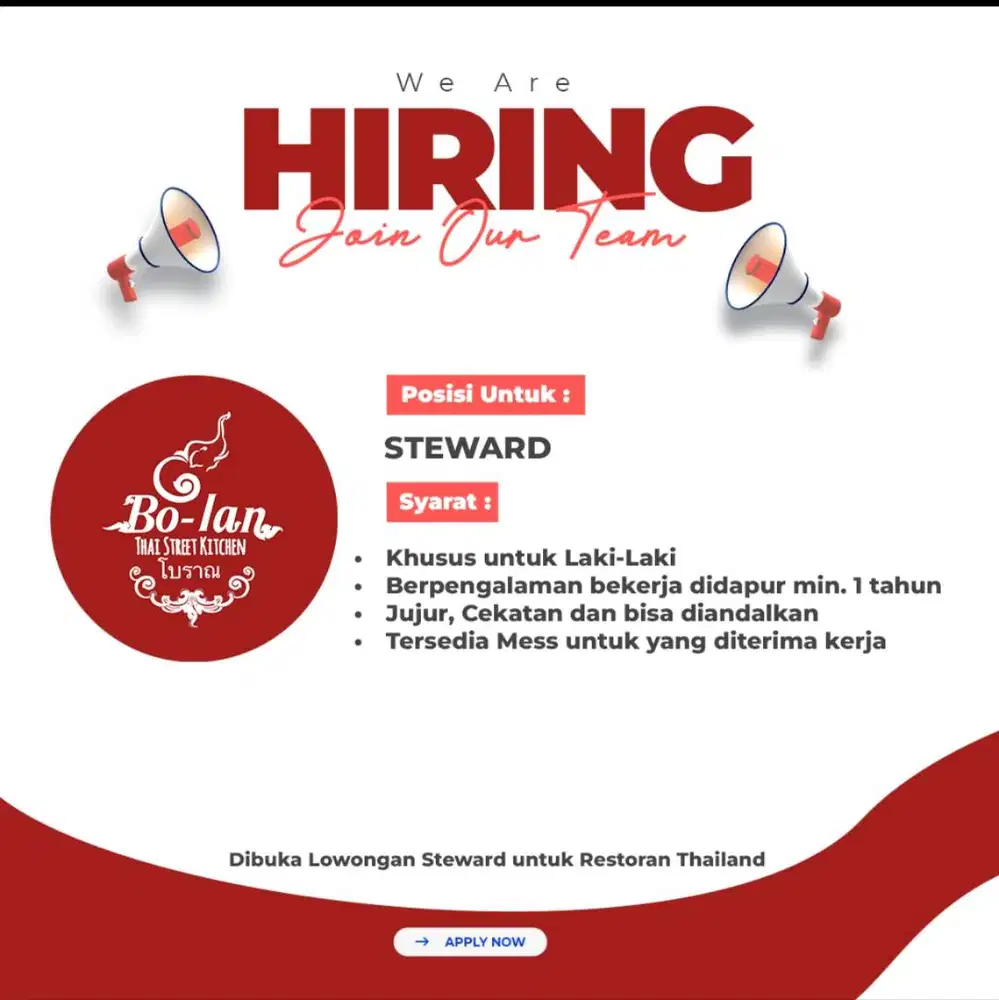 Dibuka loker STEWARD dan HELPER untuk resto Thailand HALAL