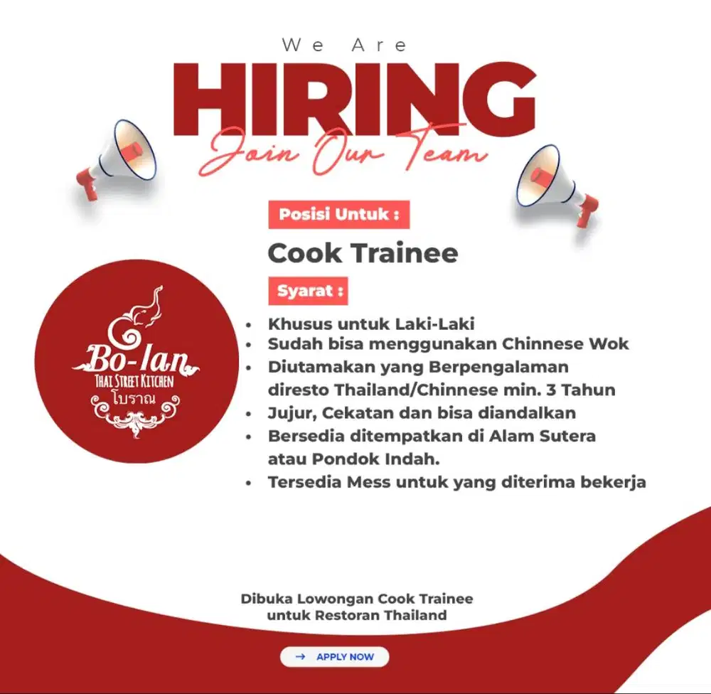 COOK TRAINEE untuk restoran Thailand HALAL
