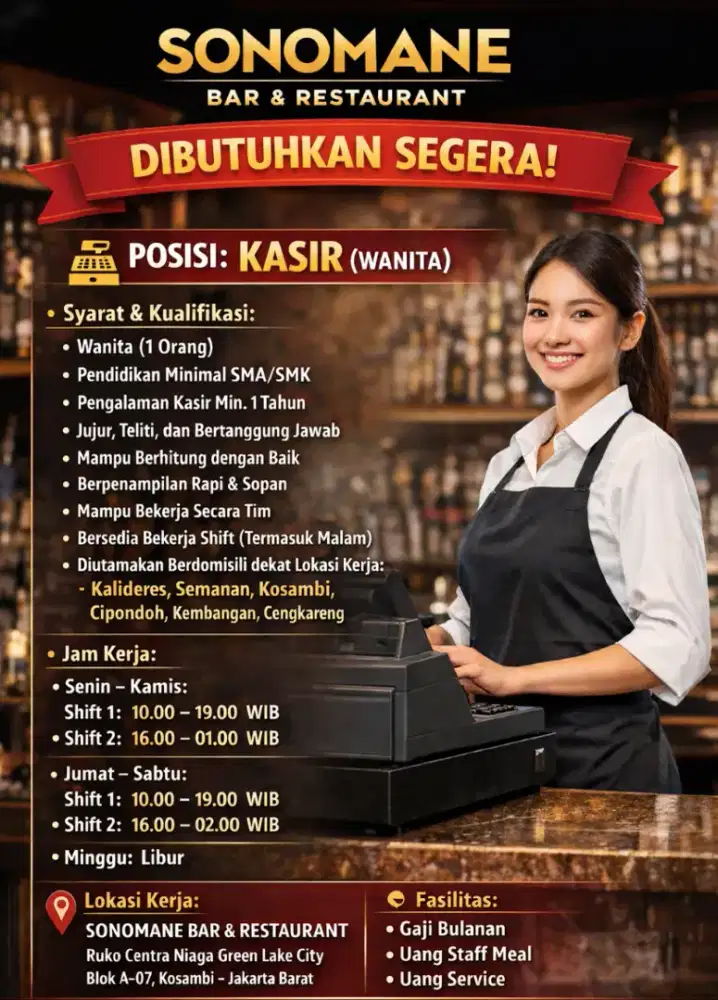 DiButuhkan segera Kasir Bar dan Restaurant