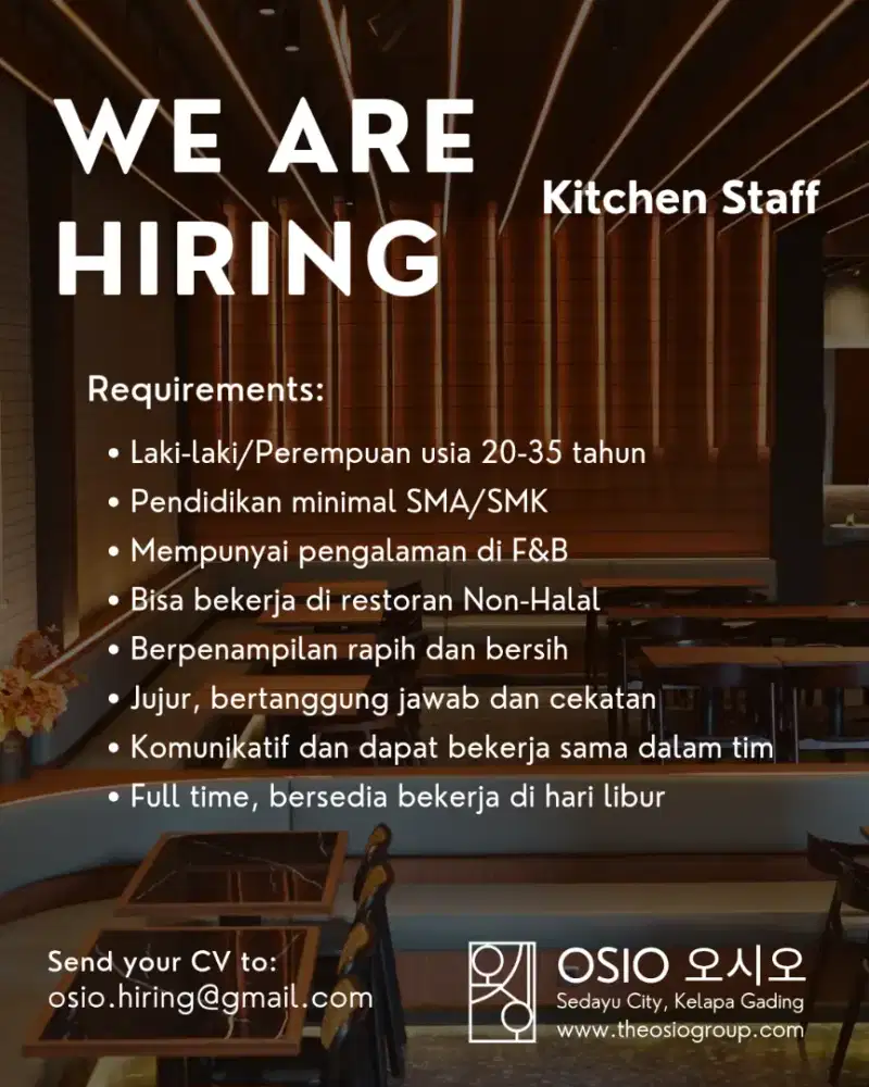 Dibutuhkan Segera Kitchen Staff
