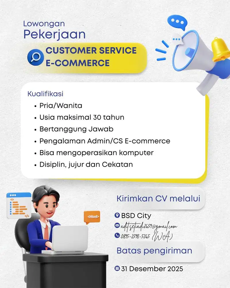 Lowongan kerja Admin / CS Shopee & Tiktok