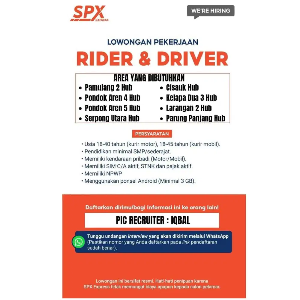 DIBUTUHKAN SEGERA DRIVER & RIDER SPX