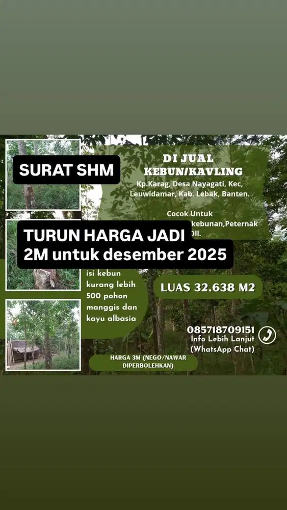 DIJUAL TANAH/ KEBUNMURAH UNTUK INVESTASI, PERKEBUNAAN, PETERNAKAN DLL.