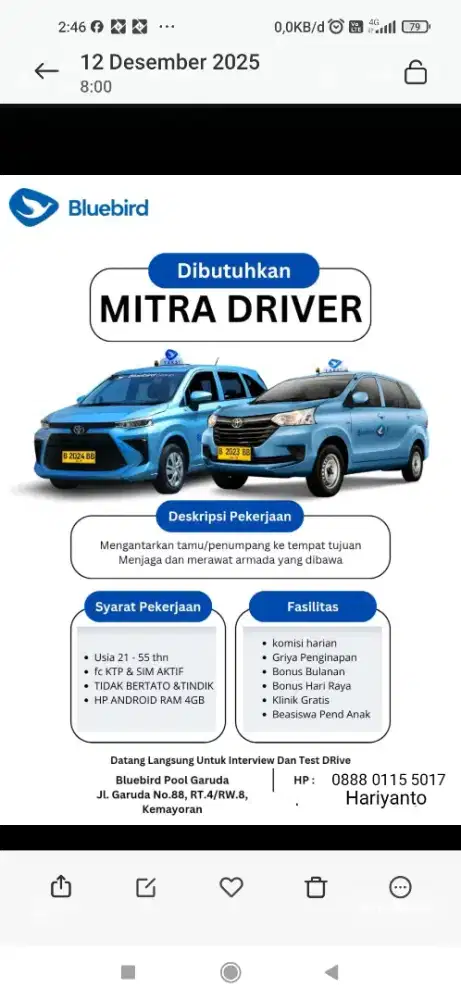 Dibutuhkan segera driver/pengemudi Bluebird pool Garuda Kemayoran,