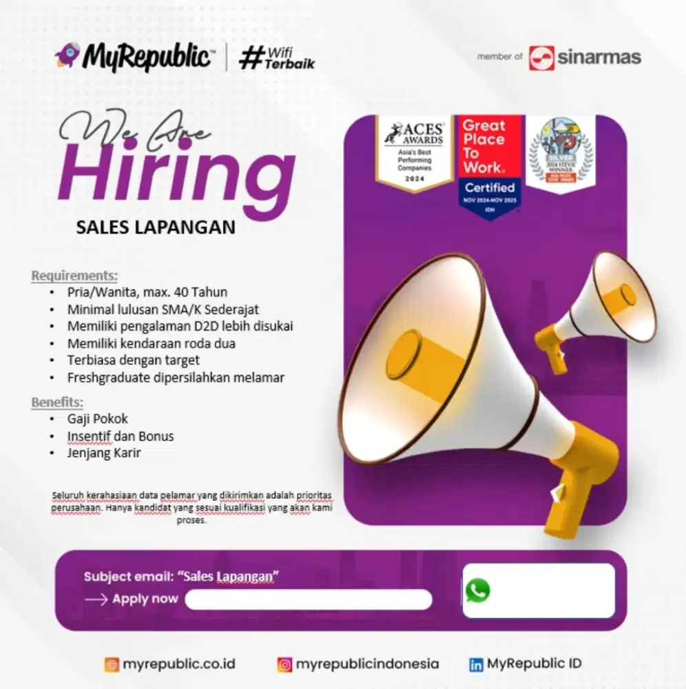 Dicari sales door to door untuk memasarkan internet wifi myrepublic