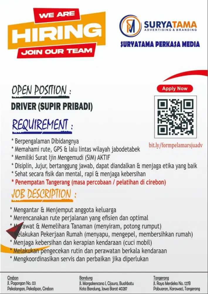 LOWONGAN KERJA - SUPIR PRIBADI (DRIVER)