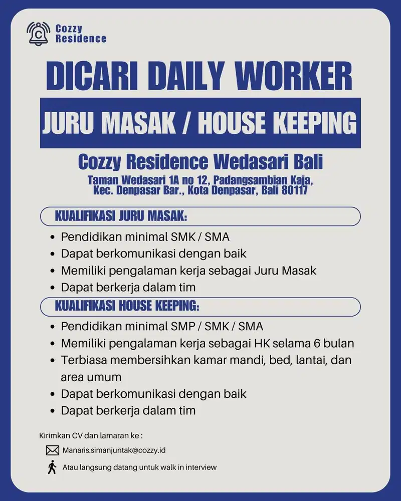 Housekeeping & Kitchen (Juru Masak) Hotel Budget