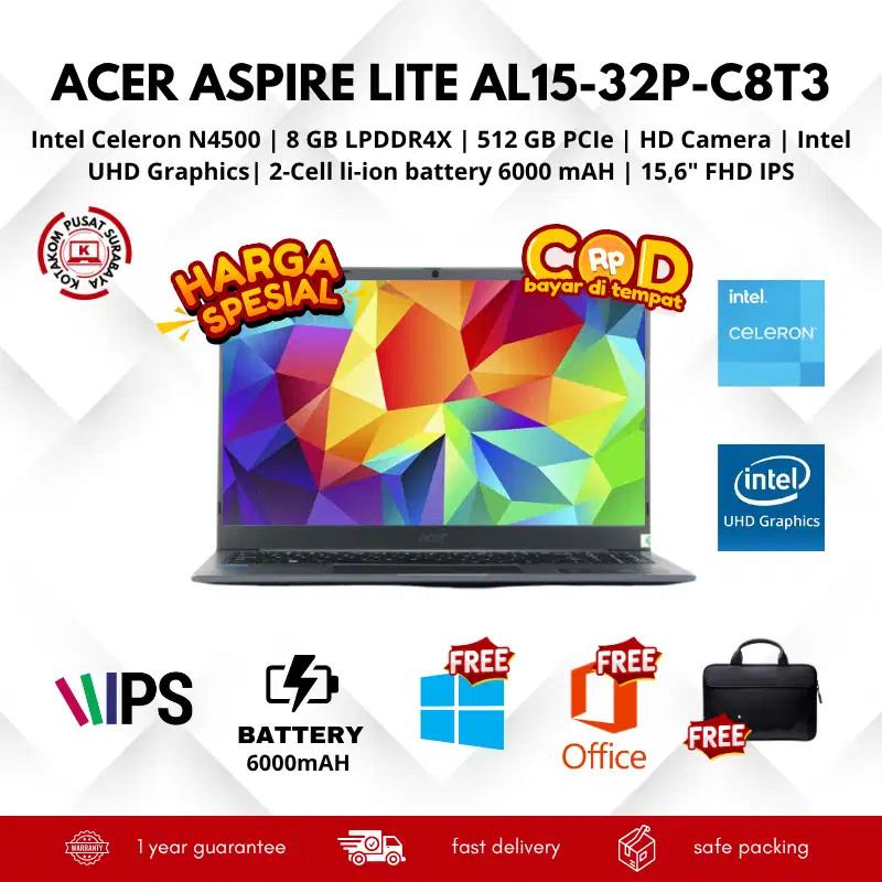 Laptop Acer Aspire Lite AL15-32p-C8T3 Celeron N4500 8GB/256GB FHD IPS