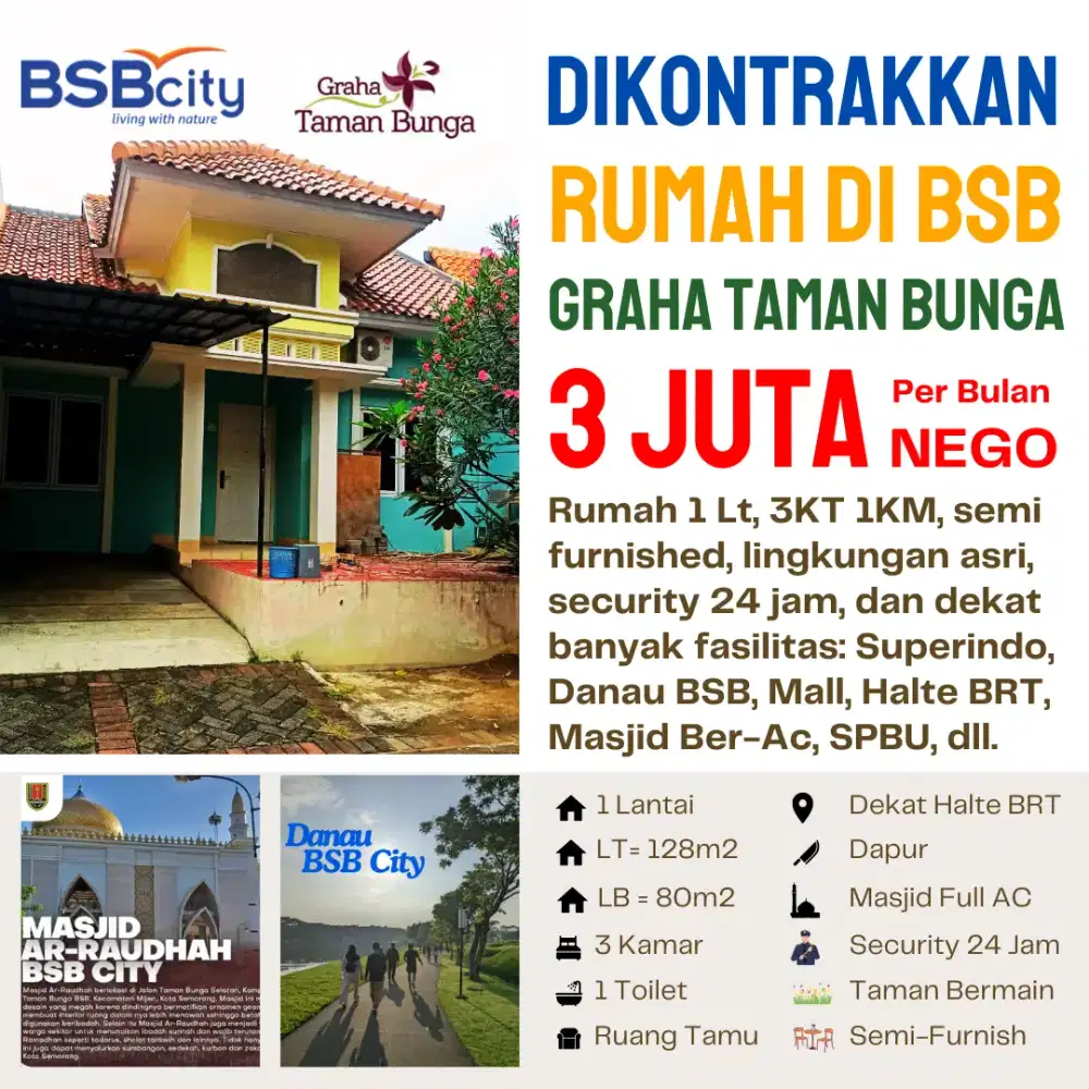 Rumah di BSB City Graha Taman Bunga Dikontrakkan Disewakan Per Bulan