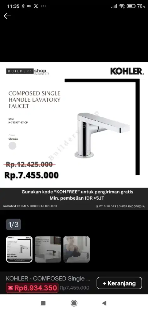 Keran wastafel Kohler tipe composed 73050T-87-CP