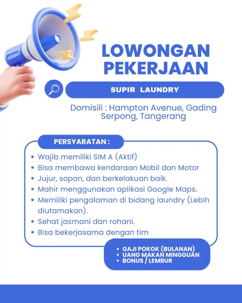 Lowongan Supir mobil Laundry dan operasional