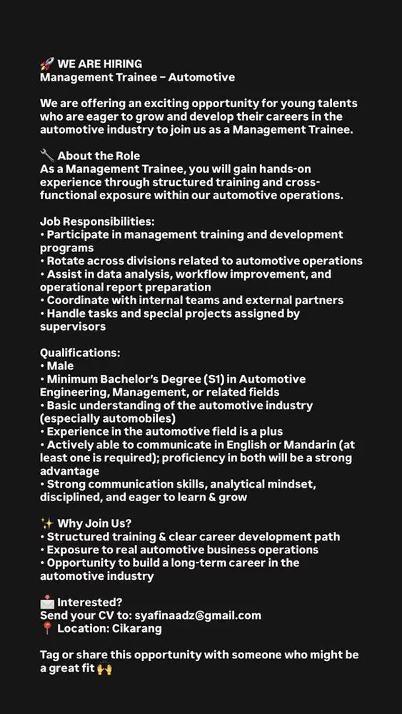 WE ARE HIRING Management Trainee – Automotive