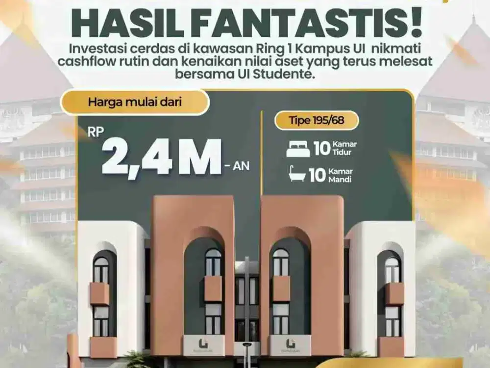 Investasi Kost di UI 2 Menit Gerbang Vokasi Dekat Toll Kukusan, 3 Lt Fully Furnished, SHM, Occupancy Tinggi