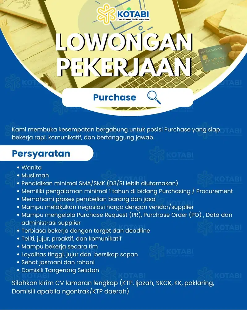 Dibutuhkan staf purchase  dan staf keuangan