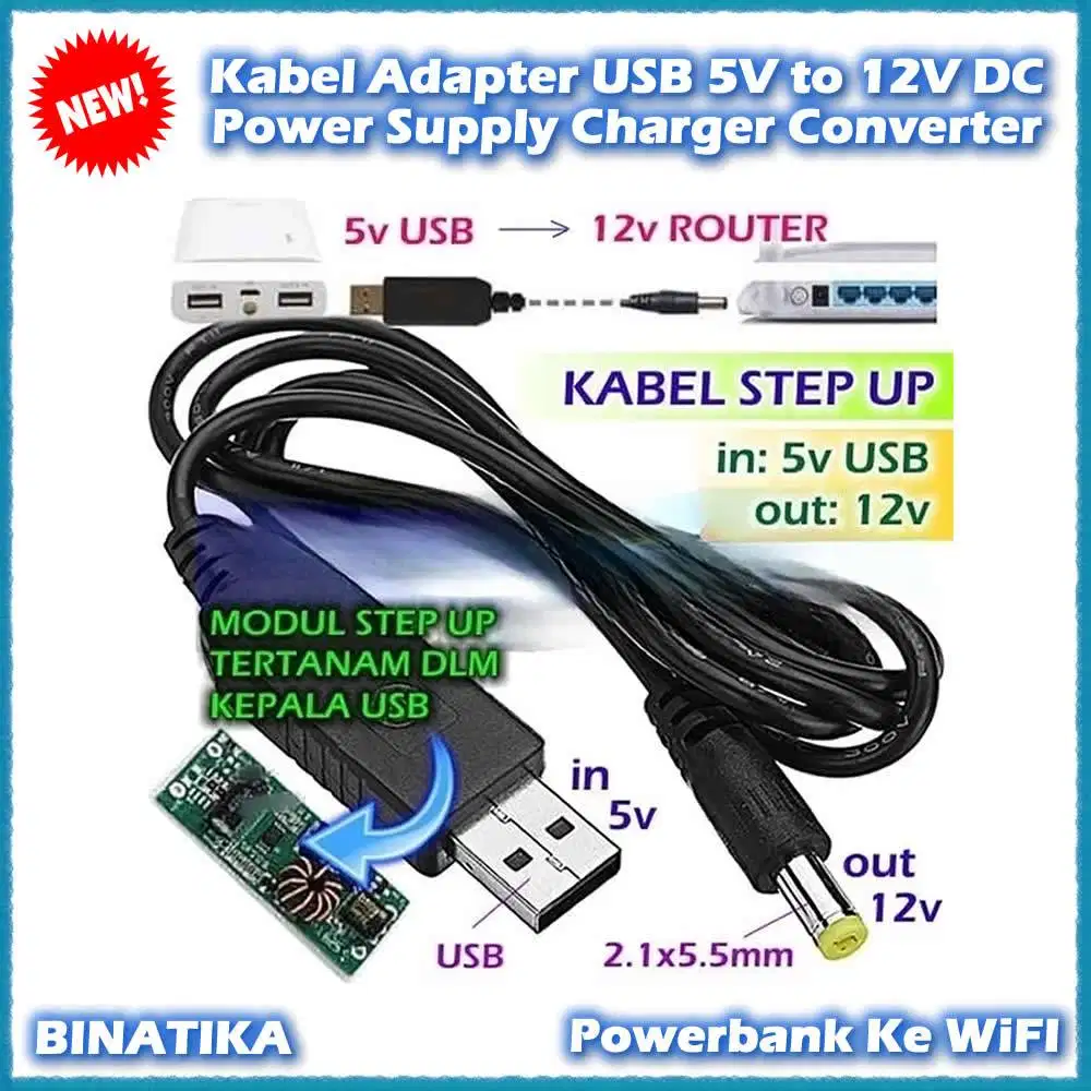 Kabel Adapter USB 5V to 12V DC Power Converter Powerbank ke Modem WiFi