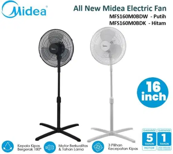 Kipas Angin Midea 16 inch White Hitam Tegak Berdiri Stand
