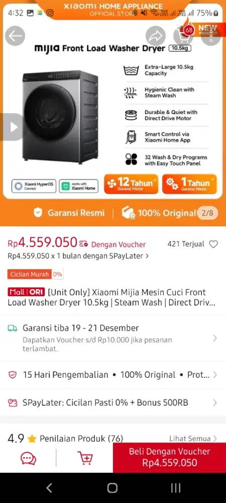 Mesin Cuci Xiaomi front loading 10.5 KG 2 in 1