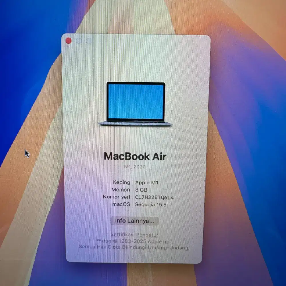 Macbook Air M1 layar 13 inch Ram 8 Ssd 256 lengkap full set grey