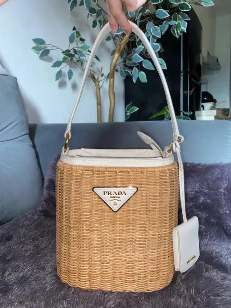 Prada wicker canvas panier bucket bag naturale white