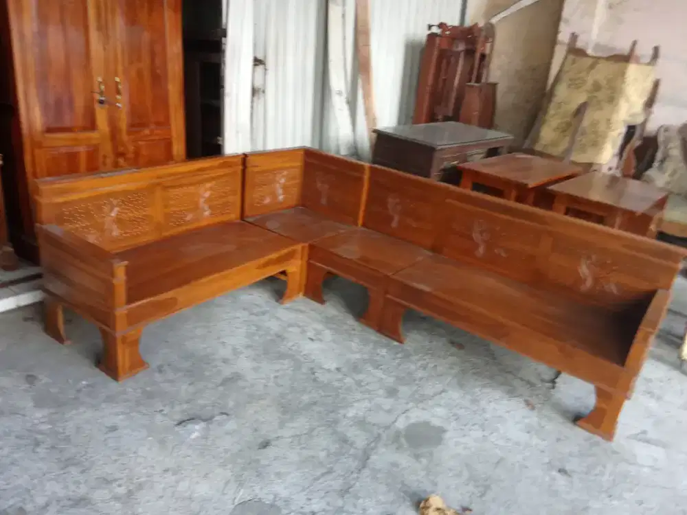 Kursi tamu kayu jati model minimalis sudut L finishing clear ngedop