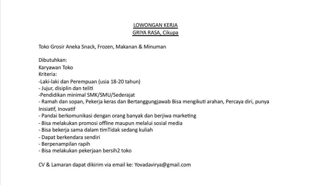 Loker toko snack