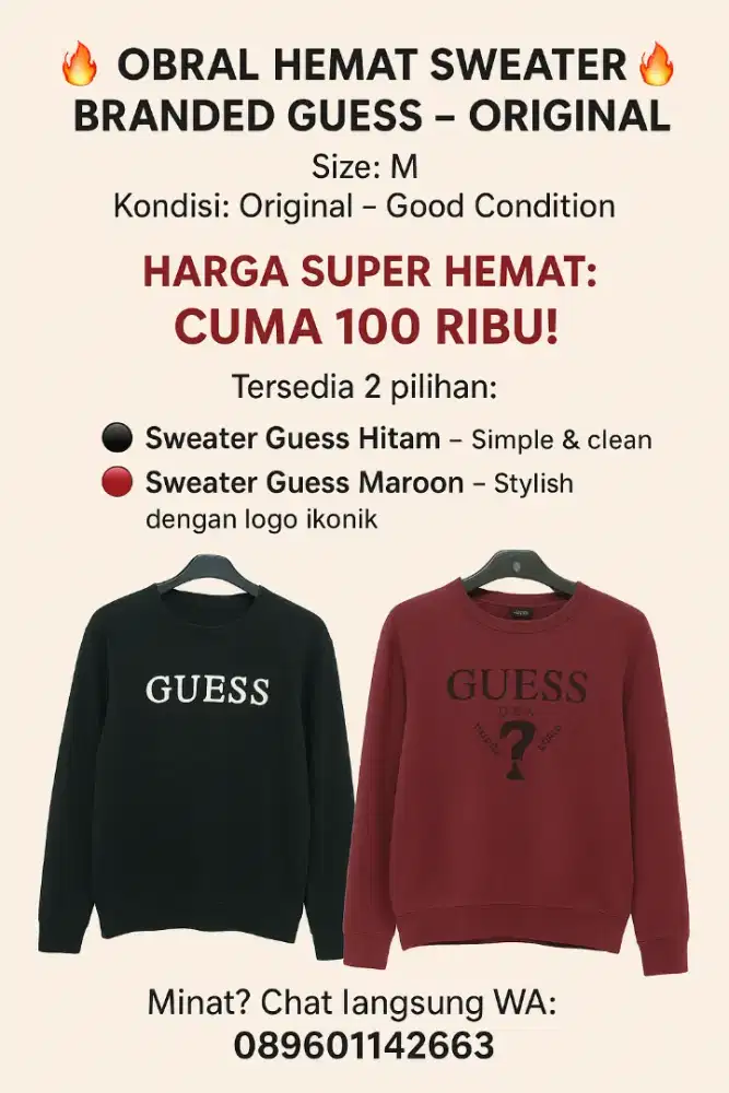 Obral Hemat 2pcs Sweater CN Merk GUESS ori size M Keren Modis Terbaru