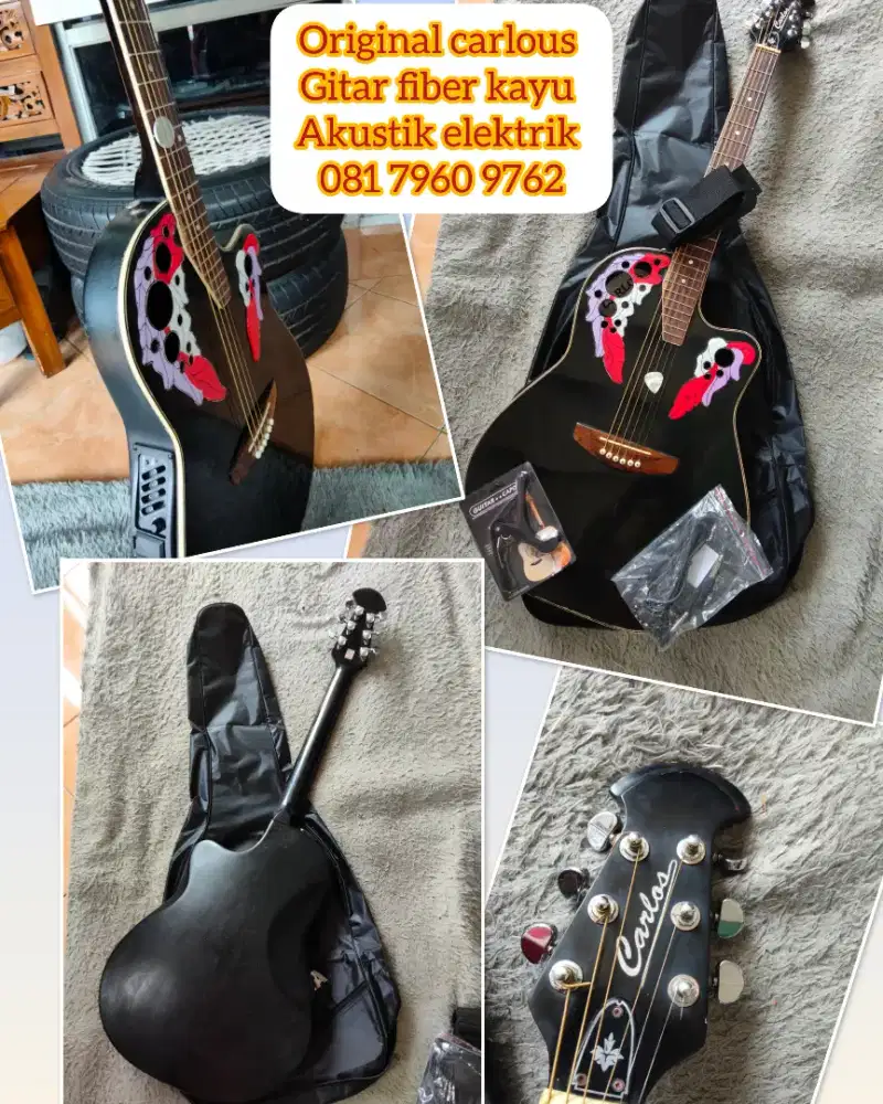 Gitar akustik elektrik unik vintage retro Carlos RB 1 bahan fiber kayu