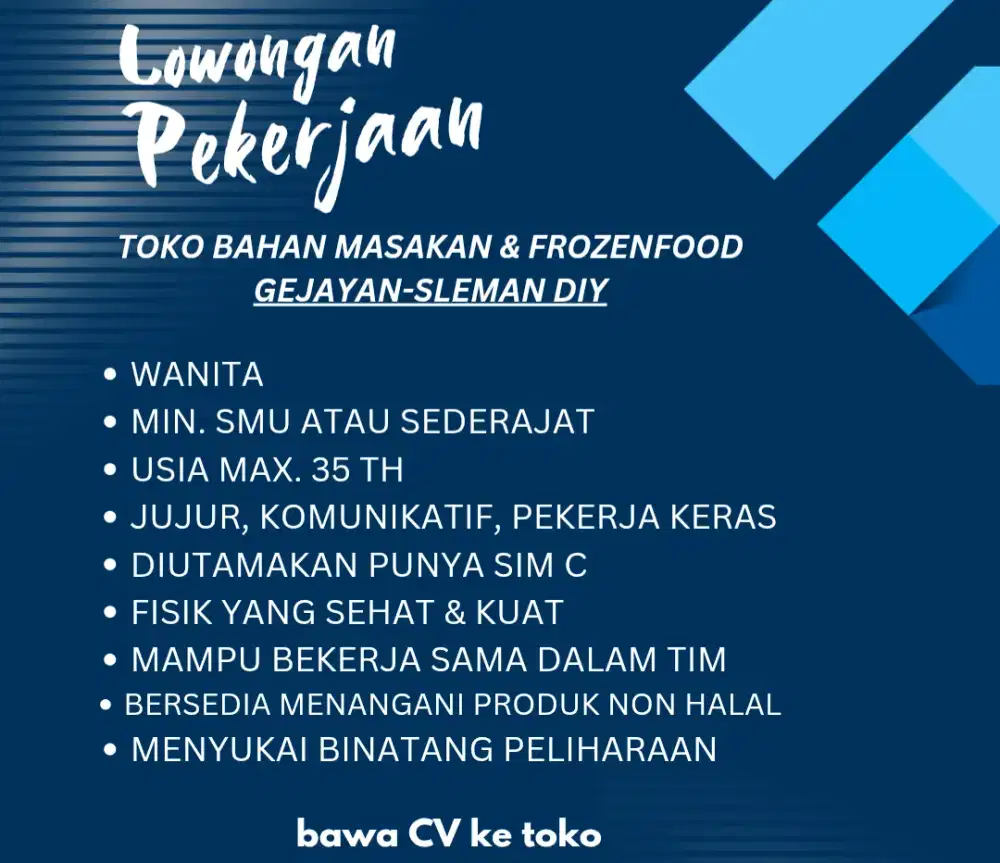 Dibutuhkan segera pegawai toko area gejayan